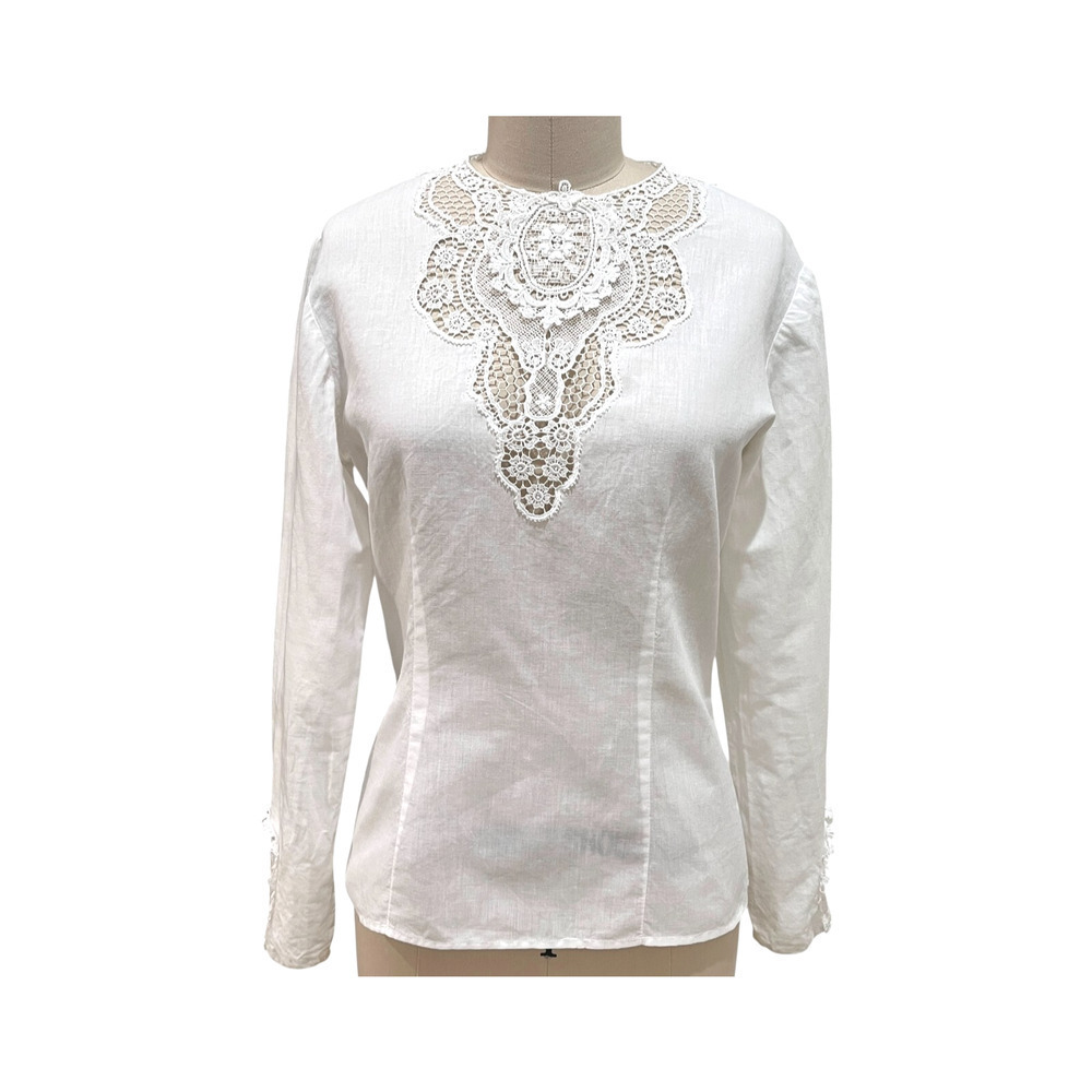 Vintage Irish Linen Blouse Top Womens White Lace Doily Dainty Small